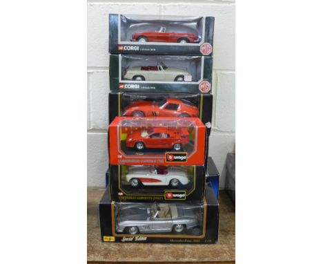 Eight model vehicles; two Corgi MGB, a Solido Citroen 2CV, Maisto Mercedes-Benz 300S and four Burago including Ferrari 250 GT