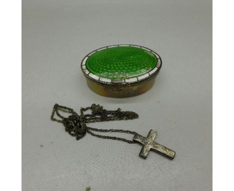 A silver and enamel box, Birmingham 1910, enamel a/f and a silver cross pendant and chain