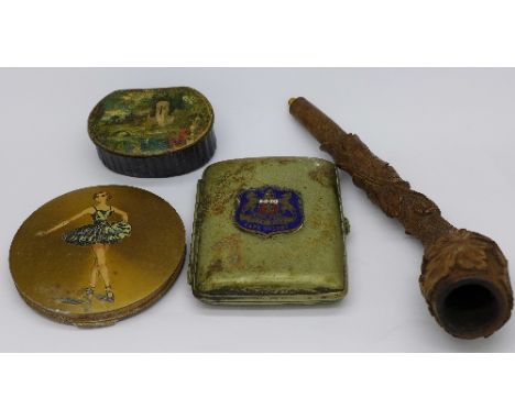 A Stratton compact, a carved pipe, a/f, a papier mache snuff box and a cigarette case
