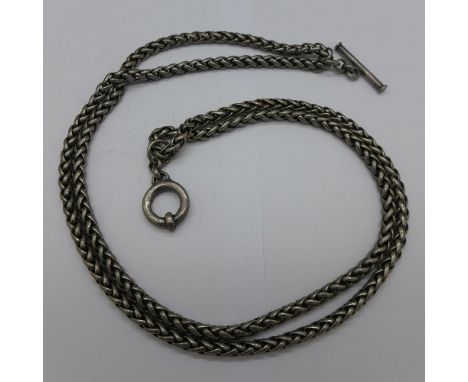 A white metal long guard chain, 68.5g