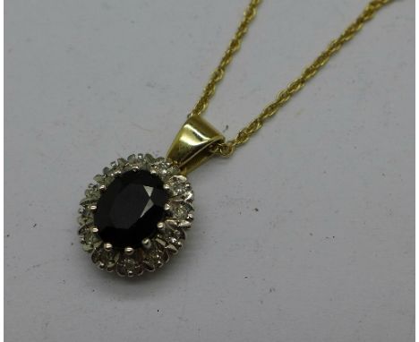 A 9ct gold, sapphire and diamond pendant and chain, 4.4g