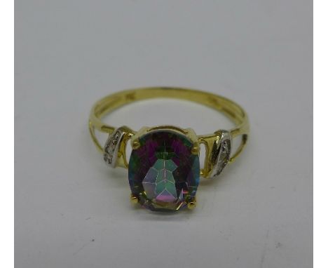 A 9ct gold, mystic topaz and diamond ring, 1.4g, O