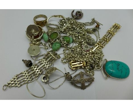 Silver jewellery including a jade set necklace, chains and three rings, 172g