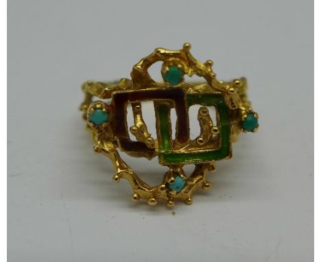 A yellow metal, red and green enamel and turquoise ring, 4.4g, K
