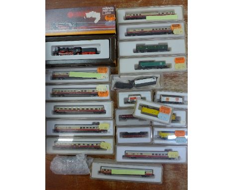 A collection of Marklin Mini-Club model railway, 8893 steam loco with tender, nine carriages and nine assorted wagons, all bo