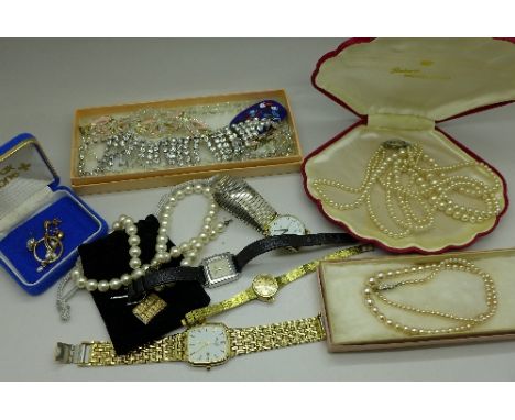 A collection of costume jewellery including a diamante necklet, faux pearls and wristwatches including Rotary