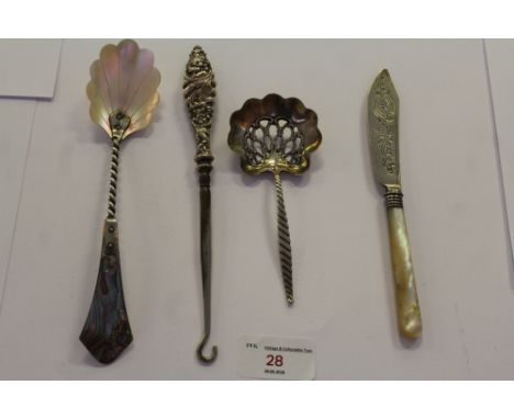 2 Silver Spoons, Silver Butter Knife and Silver Button Hook