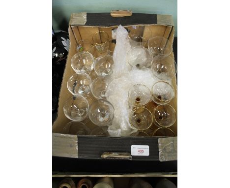 3 black glass vintage vases with enamel floral decoration and 4 sets of vintage small glasses