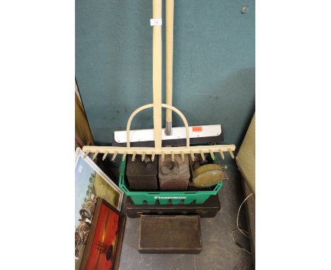 Vintage petrol cans, case, mincer, tools etc