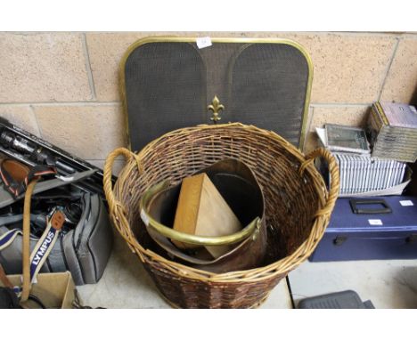 Fireguard, copper coal helmet, wicker work log basket