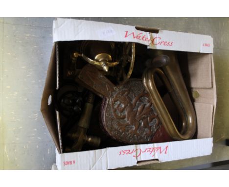 Box of metal ware inc bells, bugle etc