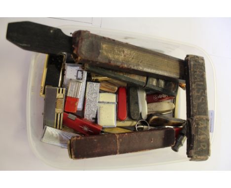 Box of penknives, cut throats and vintage lighters