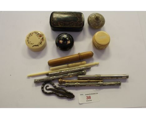 Bag including propelling pencils, ivory, snuff box etc