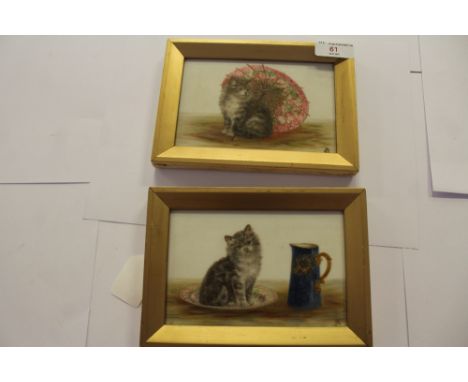 Pair Hand-painted Ceramic/Opaque Glass Panels of Cats - monogrammed for Bessie Bamber