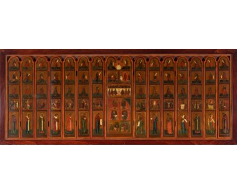 Russian school, 18th-19th century."Portable five-tiered iconostasis".Tempera, gold leaf on panel.Size: 43 x 120 cm. 51 x 128 