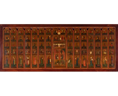 Russian school, 18th-19th century."Portable five-tiered iconostasis".Tempera, gold leaf on panel.Size: 43 x 120 cm. 51 x 128 