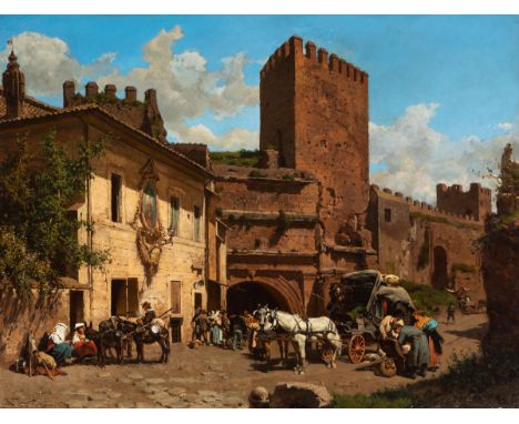 RAMÓN TUSQUETS I MAIGNON (Barcelona, 1837 - Rome, 1904)."The Stagecoach. Rome, 1897.Oil on canvas.Signed, dated and located i