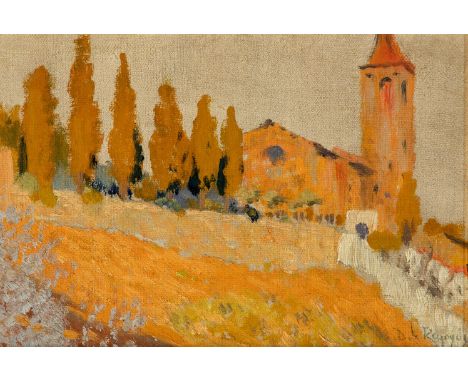 DARÍO DE REGOYOS Y VALDÉS (Ribadesella, Asturias, 1857 - Barcelona, 1913)."Sant Genís dels Agudells".Oil on panel.Signed in t