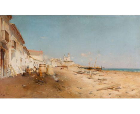 JOAN ROIG SOLER (Barcelona, 1852-1909)."Sitges".Oil on canvas.Signed in the lower left corner.Measurements: 68 x 120 cm; 97 x