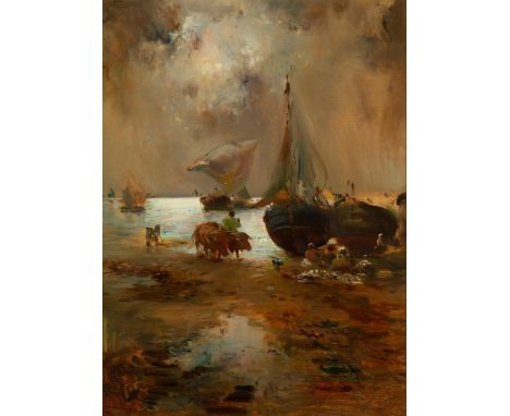 JOSÉ NAVARRO LLORENS (Valencia, 1867 - 1923)."Beach with fishermen".Oil on canvas.Signed in the lower left corner.Size: 78 x 