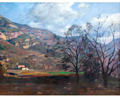 RAMON BARNADAS FÁBREGAS (Olot, Girona, 1909 - Vic, Barcelona, 1981)."Landscape". Oix, 1954.Oil on canvas.Signed and dated in 