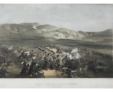 Victorian coloured lithograph - Charge of the Heavy Cavalry Brigade, published 1855, 32cm x 43cm and a coloured print of the 
