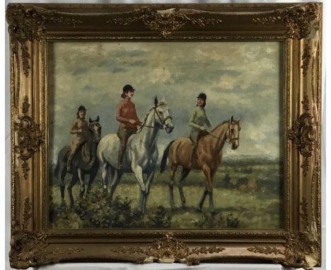 English School, first half 20th century, oil on board- riders on horseback, 39cm x 49cm, in gilt frame