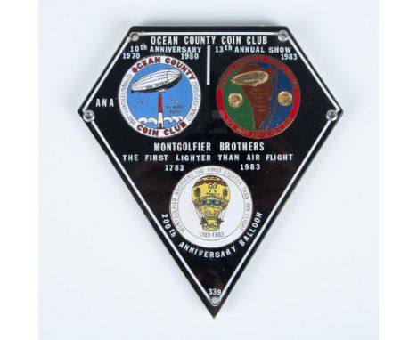 Original commemorative plaque from the Ocean County Coin Club, NJ, featuring three polychrome enamel medals in perfect condit