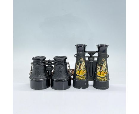 Two pairs of vintage binoculars. Metal and resin Lemaire Fabt Paris binoculars 5"L x 3.75"W x 2.5"H, includes tan leather car