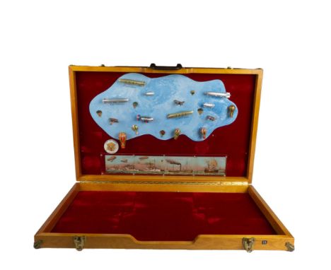 One-of-a-kind display wood box that opens to reveal a didactic panorama of airships, airplanes and hot air balloons that are 