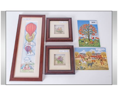Framed Print By Anne Webster Together With 2 Villeroy & Boch Painted Plaques And Two Small Framed Decoupage Pictures.
