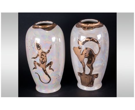 Carlton Ware ''Studio Study'' and ''Gold Lustre'' Hand Painted Vase Set - Signed to bases, approx 8 inches in height. 