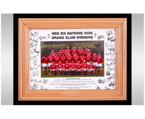 RBS Six Nations 2008, Grand Slam Winners Wales, Rugby Team Signed Photo. All Of First Team Squad, Signed to Margin. Framed an