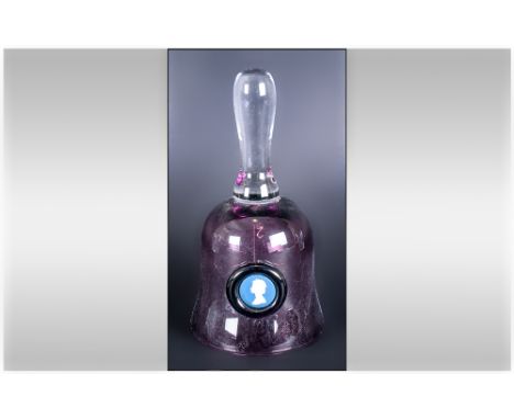 Wedgewood - Royal Silver Jubilee Amethyst Glass Cameo Bell. 6 Inches High, Complete with Box and Papers. 