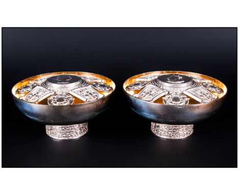 Christopher Nigel Lawrence Cased Pair Of Silver Commemorative 'Queen Elizabeth' Rose Bowls, The removable centres each centre