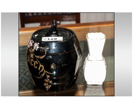 Black Glazed Pottery 'Tobacco' Jar And Cover With Floral Enamelled Decoration, Together With A Small Belleek Speciman Vase