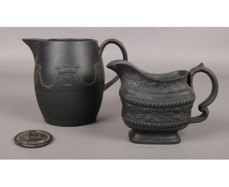 Three pieces of black basalt; Leeds Pottery black basalt portrait plaque of Greek statesman Demosthenes, along with a Hartley