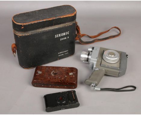 A quantity of vintage cameras. A Sekonic Zoom 8 Simplomat Model 100 cinecamera in original case, Bakelite Hawkette No 2, &amp