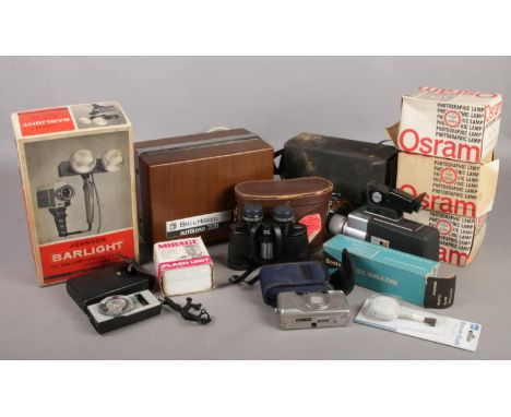 A quantity of photographic equipment. Including Bell &amp; Howell Autoload, pair of Swift binoculars, Kobena Super 8 camera, 