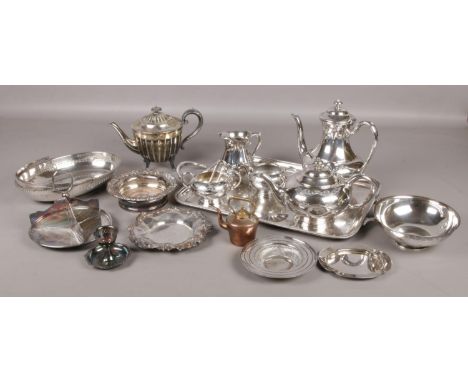 A good collection of metalwares. Includes James Dixon &amp; Sons silverplate tea set, wine coaster, Henry Wilkinson &amp; Co 