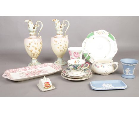 A quantity of miscellaneous. Wedgwood Jasperware vase &amp; pin dish, Alfred Meakin jug, Royal Cauldon 'Victoria' cup/saucers