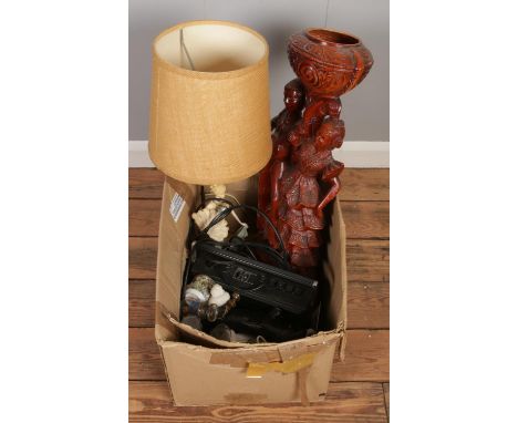 One box of miscellaneous items, to include table lamp, moulding cast, assorted ceramics etc.  