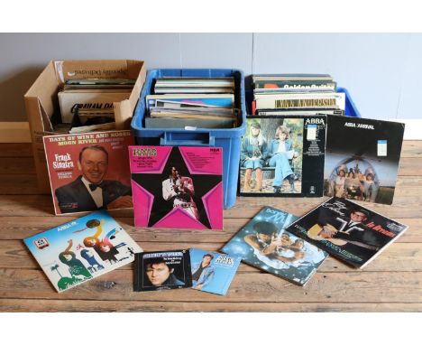 Three boxes of LP &amp; 45 rpm vinyl records. Elvis, Frank Sinatra, Abba, Boney M etc  