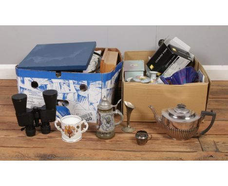 Two boxes of miscellaneous. Nikon Coolpix S3100 (boxed), Aynsley commemorative mug, Silver plate teapot etc.  