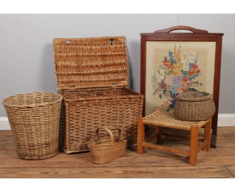 A quantity of miscellaneous. Assorted wicker baskets, Tapestry fire screen, foot stool.  