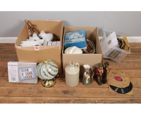 Three boxes of miscellaneous. To include a boxed manual microscope, a box of 78's records and ceramics etc.  