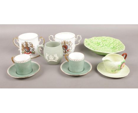 A quantity of assorted ceramics; including CarltonWare jug and saucer, two coffee cups and saucers and two commemorative mugs