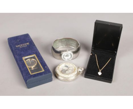 A small collection of assorted jewellery, to include Dolce and Gabanna bangle watch, silver heart pendant on silver gilt chai