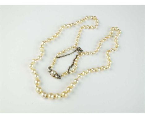 A graduated untested pearl necklace, with pearl and old cut diamond set clasp, approx 45cm long, weight approx 11g