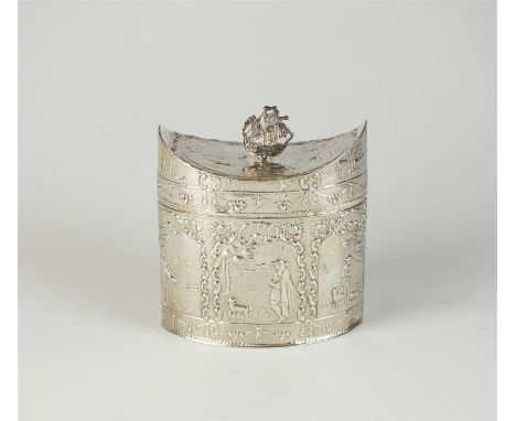 A Dutch silver tea caddy , of navette form with figural panel decoration and galleon terminal, 9cm high, weight approx 3.8oz